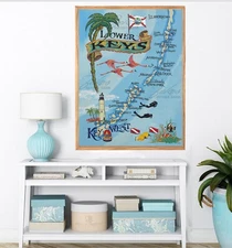 Key West Map Wall | Beach Decor Print | Vintage Style Florida Beach Art | Scuba