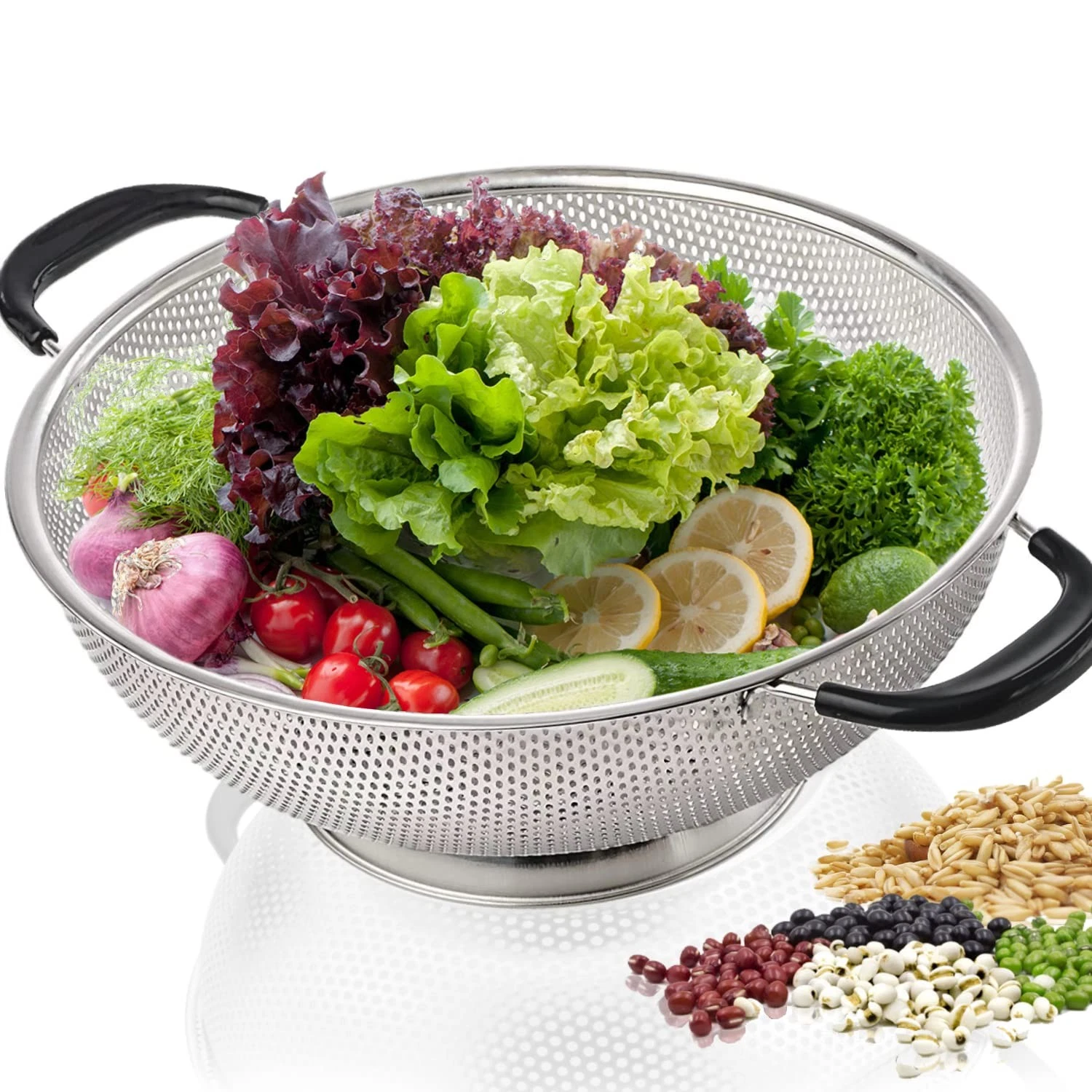 5 Qt Colander 18/8 Stainless Steel Colander Silicone Handle Easy Grip Micro-P...