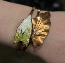 1950's Signed Matisse Renoir Copper Enamel Leaf Cuff Bracelet MCM Mid Century