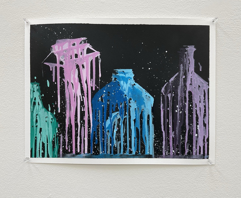 Abstract Contemporary Drip Bottles Painting on Paper Unframed - One of a Kind