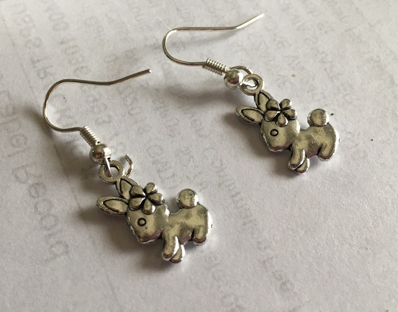 Rabbit Charm Earrings , Silver Bunny Hare Bunnies Buck Animal Cute  Kitten Peppa