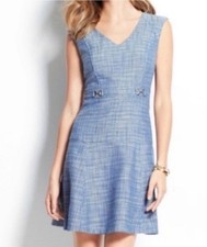 Ann Taylor Women’s Blue Tweed Dress Gold Waisted Belt Lined A-Line Size 0