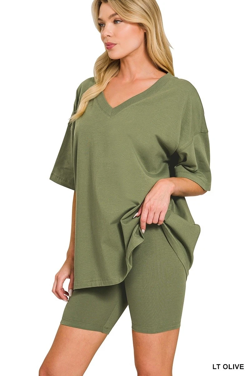 ZENANA - COTTON V-NECK TOP & BIKER SHORTS SET - LIGHT OLIVE - S
Opens in a new window or tab