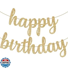 KatchOn, Glitter Cursive Gold Happy Birthday Banner - Pre-Strung, 10 Feet | B