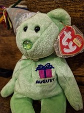 Ty Beanie Babies August Birthday Green Bear with Tags Soft Toy Plush Teddy