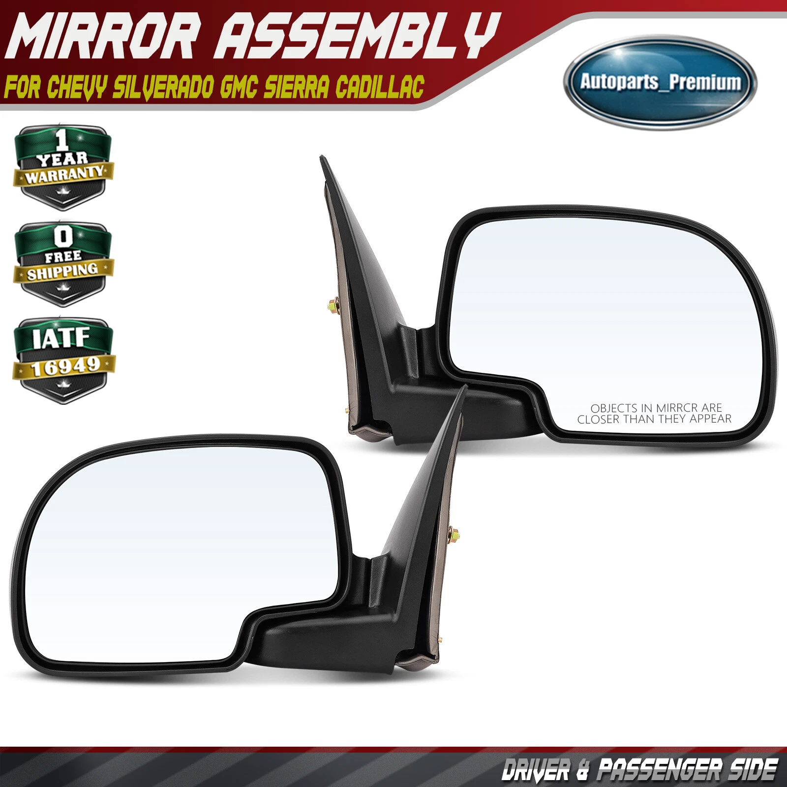 Driver & Passenger Black Manual Mirror for Chevy Silverado GMC Sierra Cadillac