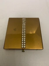 Vintage Gold Tone and Clear Rhinestones Women's Powder Compact
