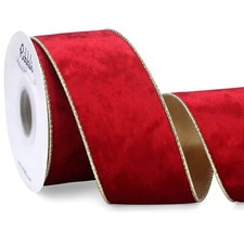 Red Velvet Wired Ribbon 2.5 Inch Metallic Red Gold Crushed Velvet Christmas R...