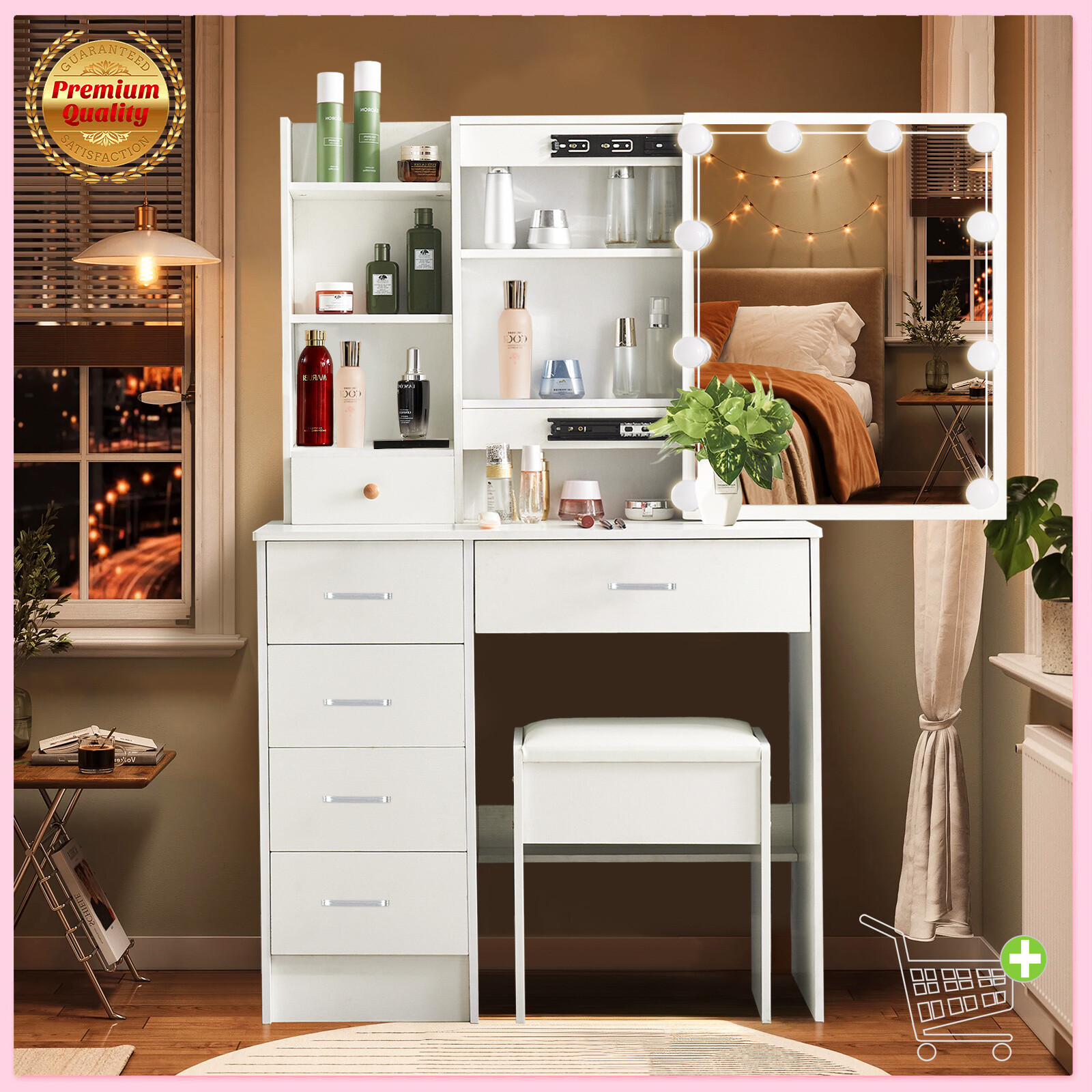 Vanity Makeup Table Drawers Dressing Desk and Stool Set + 10 LED  