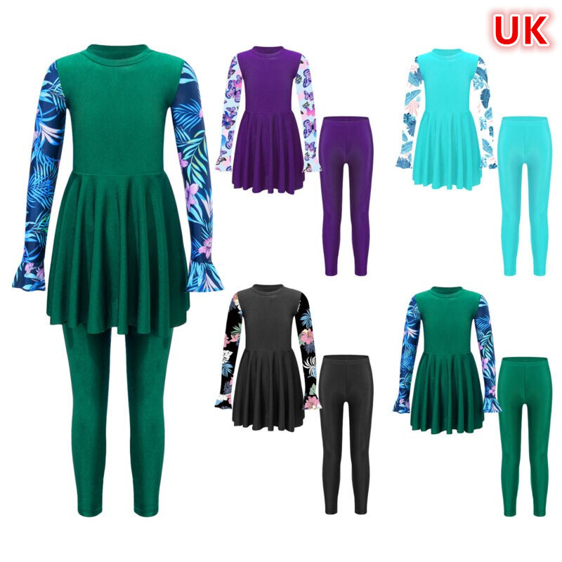 UK Kid Girls Swimsuit Wetsuit Swimwear Sunbathing Short Dress With Pants Printed