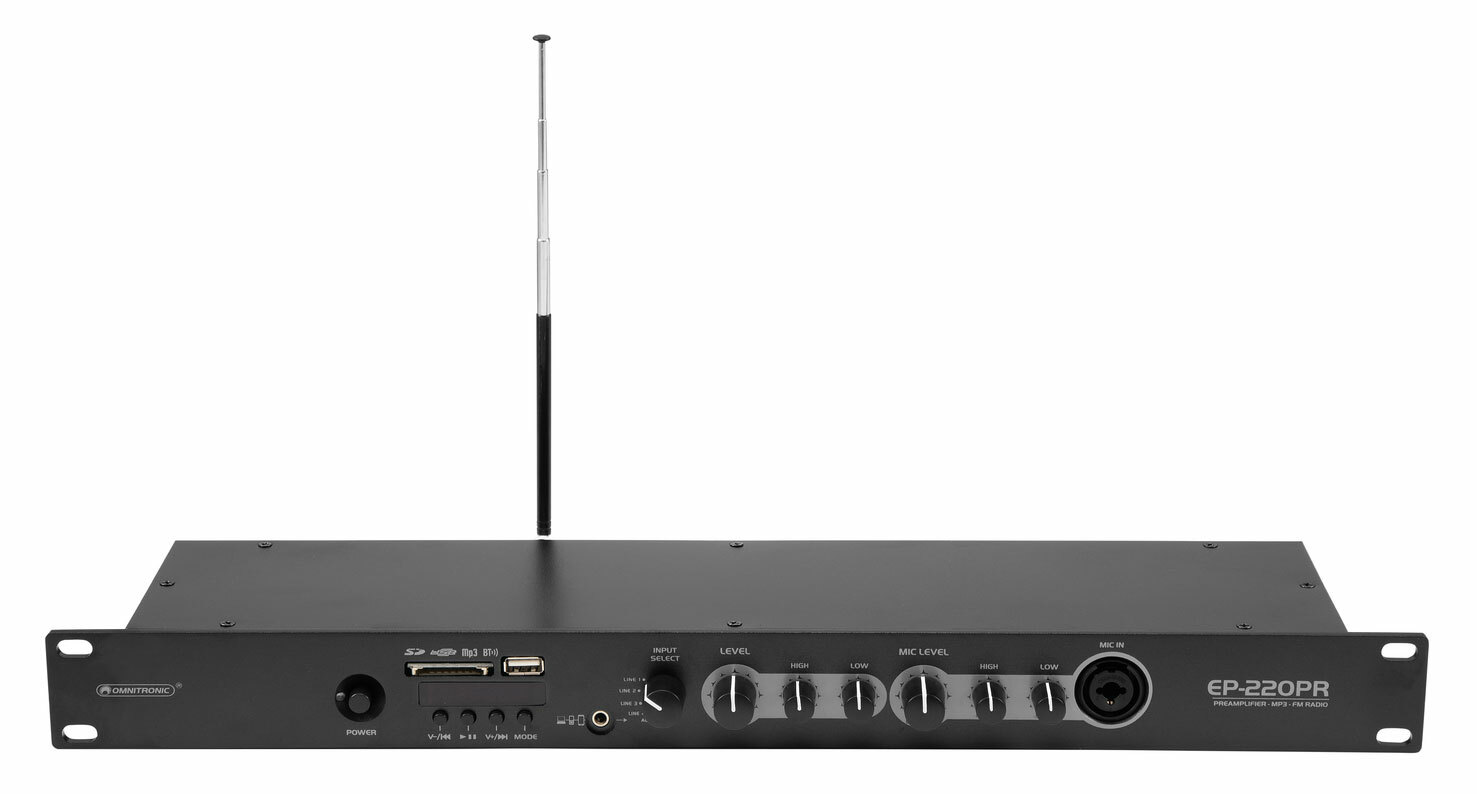 Аудиоплеер Omnitronic EP-220PR Vorverstärker Bluetooth, FM-радио, 19-канальный USB