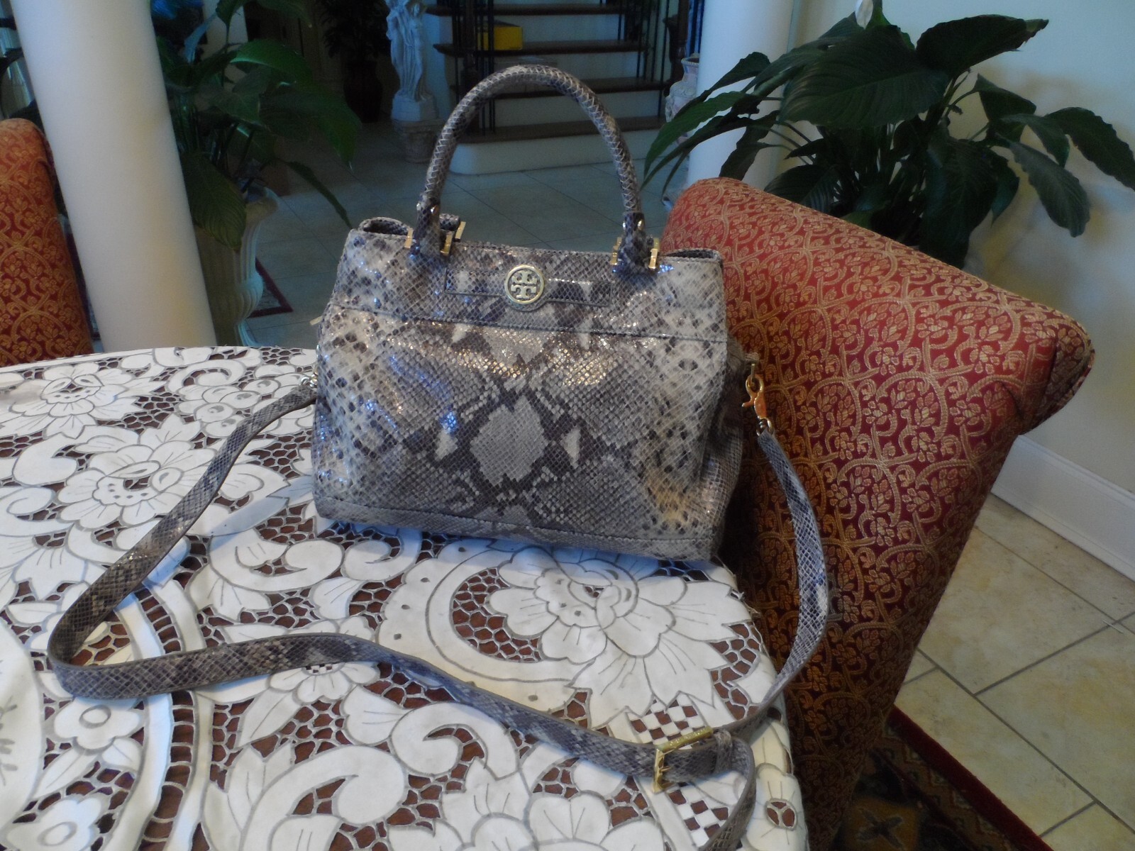 Tory Burch Gray Python Embosed Leather Shoulder B… - image 3