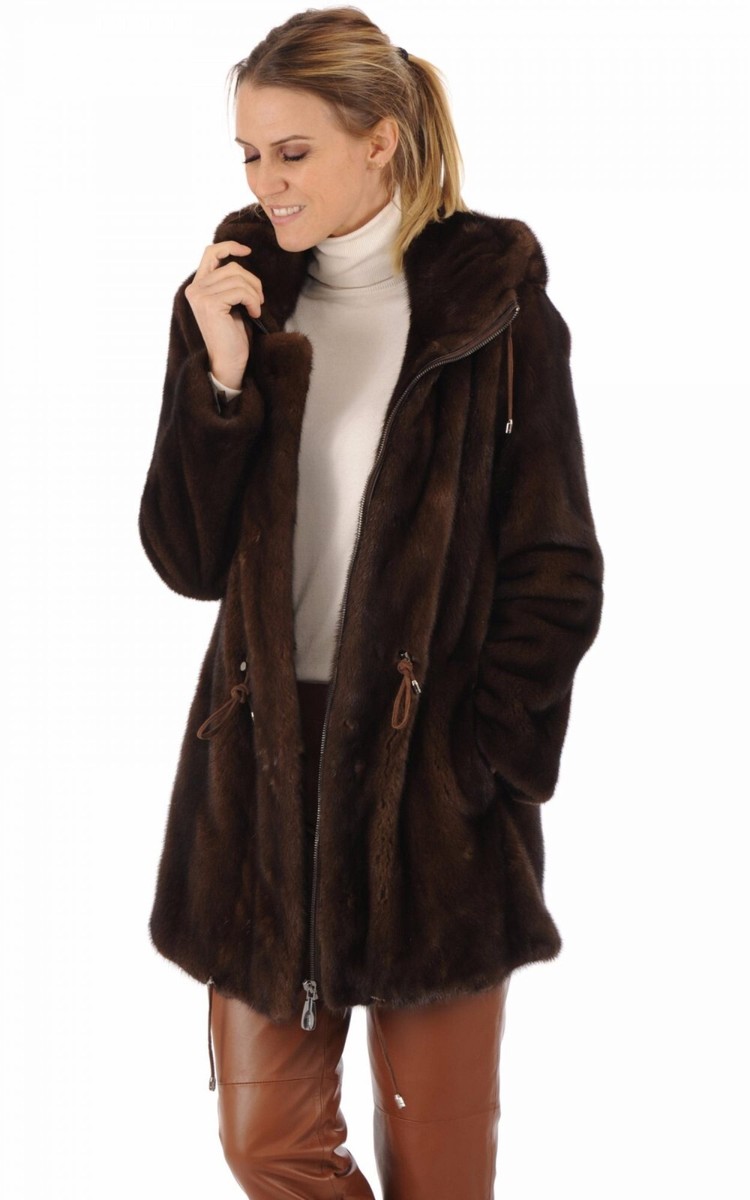 Manteau Capuche En Vison Relooké - Taille 40, Marron, Fabriqué En France