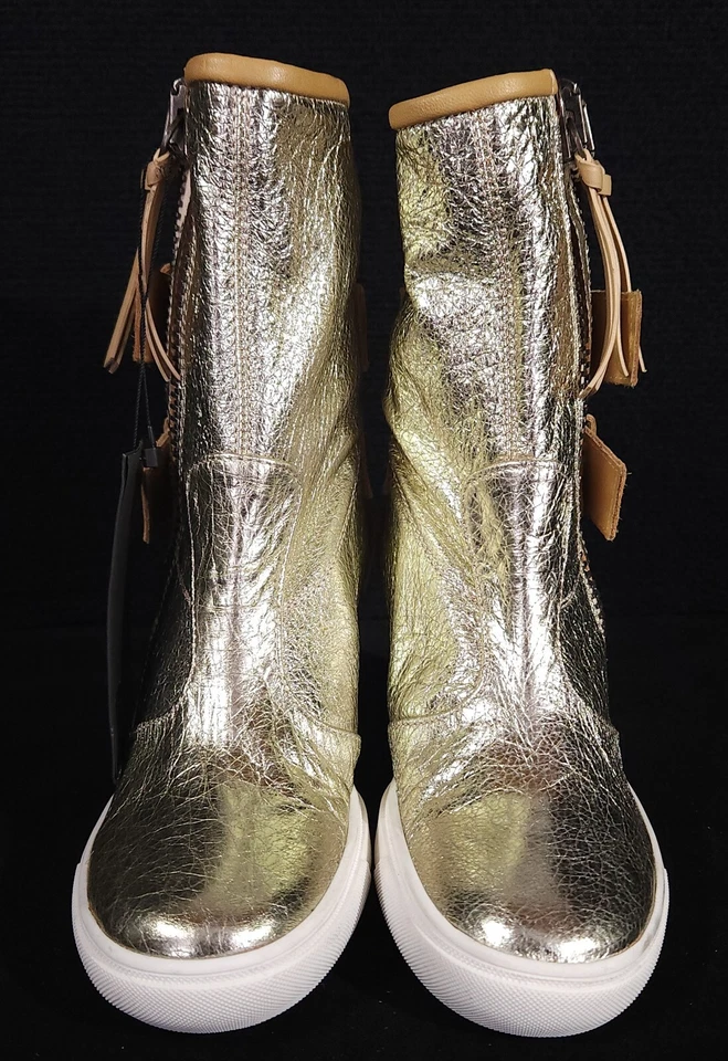 Giuseppe Zanotti Buckle Wedge Leather Sneaker 36 6 Gold Metallic High Top - Image 3 of 4