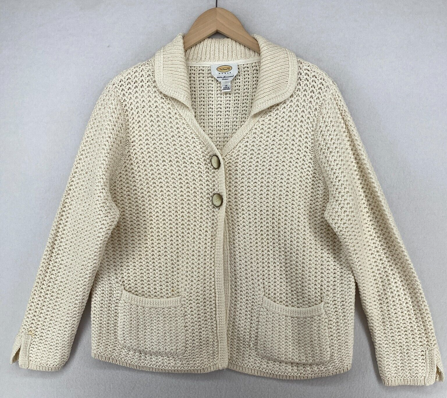 Talbots Plus Size 1X Crochet Button Front Long Sleeve Cotton Cardigan in Off White Vintage Style-image