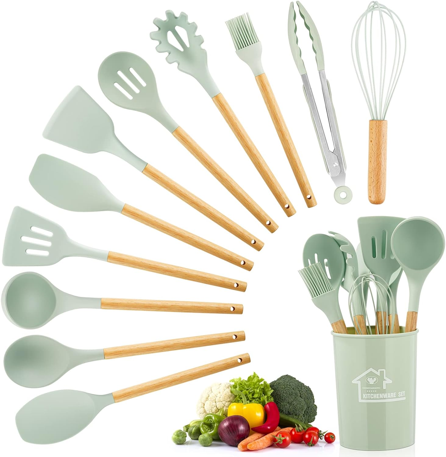 Kitchen Tools Cooking Utensil Set 12 Pcs Silicone With Holder Wooden Handles