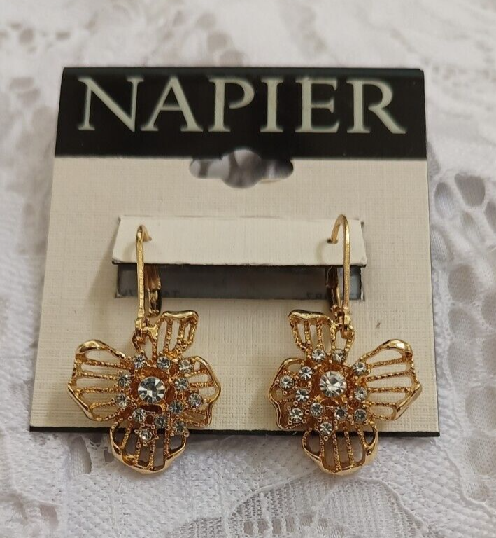 New Napier Gold Tone Simulated Crystal Flower Drop Earrings