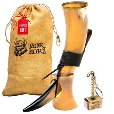 Viking Drinking Horn with Stand - Unique Gifts for Men, 20 Ounces, Natural