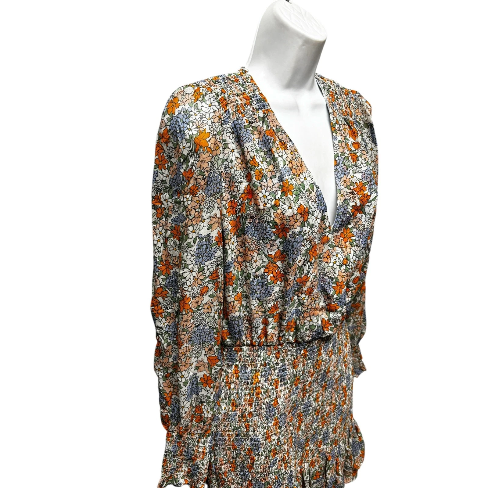 OFF WHITE Abito Veronica Barba Saera Floreale Smocked Manica Lunga Seta in Bianco Off Multi