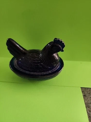 Vintage Hen on Nest Chicken Cobalt Blue Glass Depression Style Dish - Bowl Z22