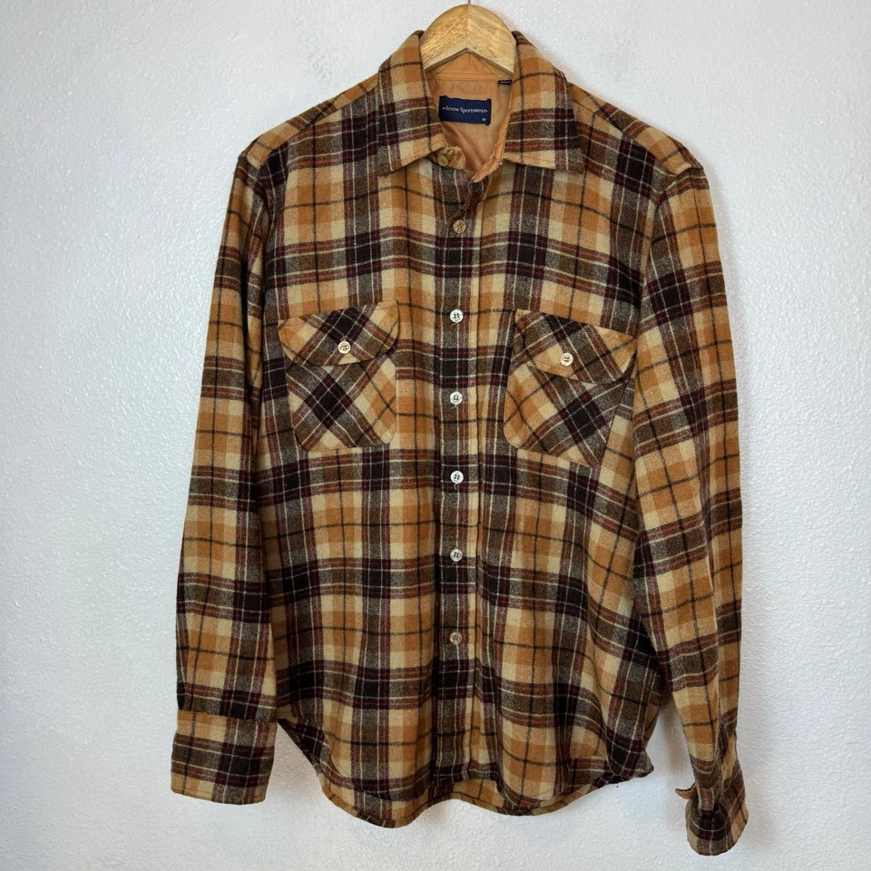 Vintage Arrow Sportswear Flannel Shirt Mens Medium Wool Blend Plaid Orange Brown - Image 4 of 4