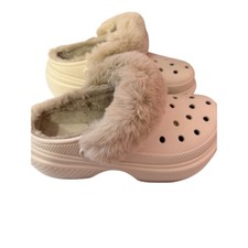 Crocs Classic Mammoth Luxe Lined Clog Bone Tan Faux Fur Women 11 / Men 9