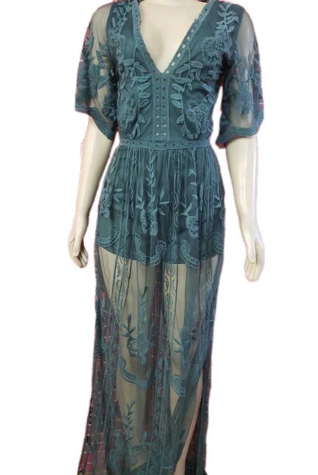 Malibu Sky, Raro Para Mujer Bohemio Encaje Talla S Mameluco Pantalones Cortos Vestido Verde #W2 Foto 4 de 4