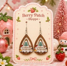 Merry Christmas Tree Wood Tear Drop Earrings