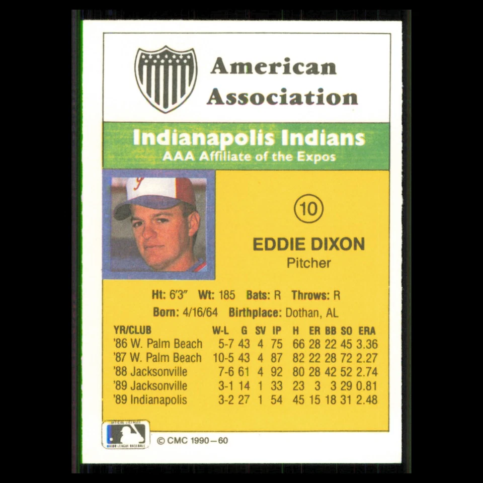 Eddie Dixon #60 1990 CMC Minor League Indianapolis Indians Baseball Card MLB NM - Image 2 of 3