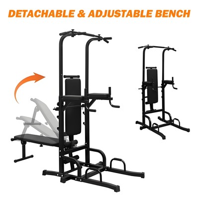 Power Tower with Bench- 7 Adjustable Height Pull Up Bar & Dip Station