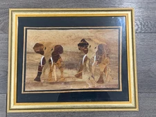 Vintage African Marquetry Wood Inlay Elephants Safari Scene Framed Artwork