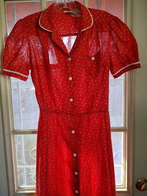 red shirtwaist dress Shirtwaist Dress Midi Burgundy Red Pleated Skirt 3/4 Sleeves Vintage 40s  50s SMALL S