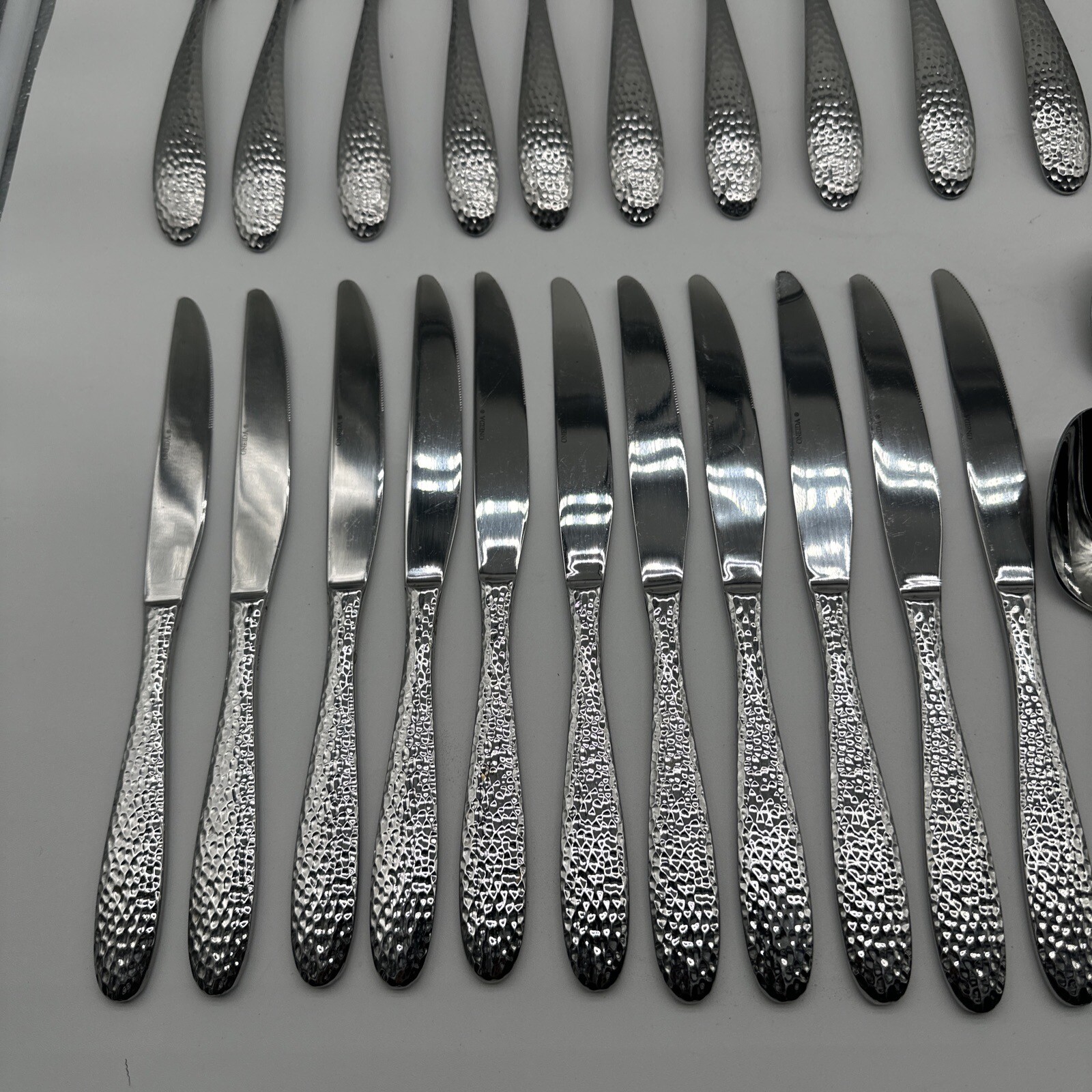 Oneida Stainless Flatware TIBET Hammered Glossy Lot of 54 Pc eBay