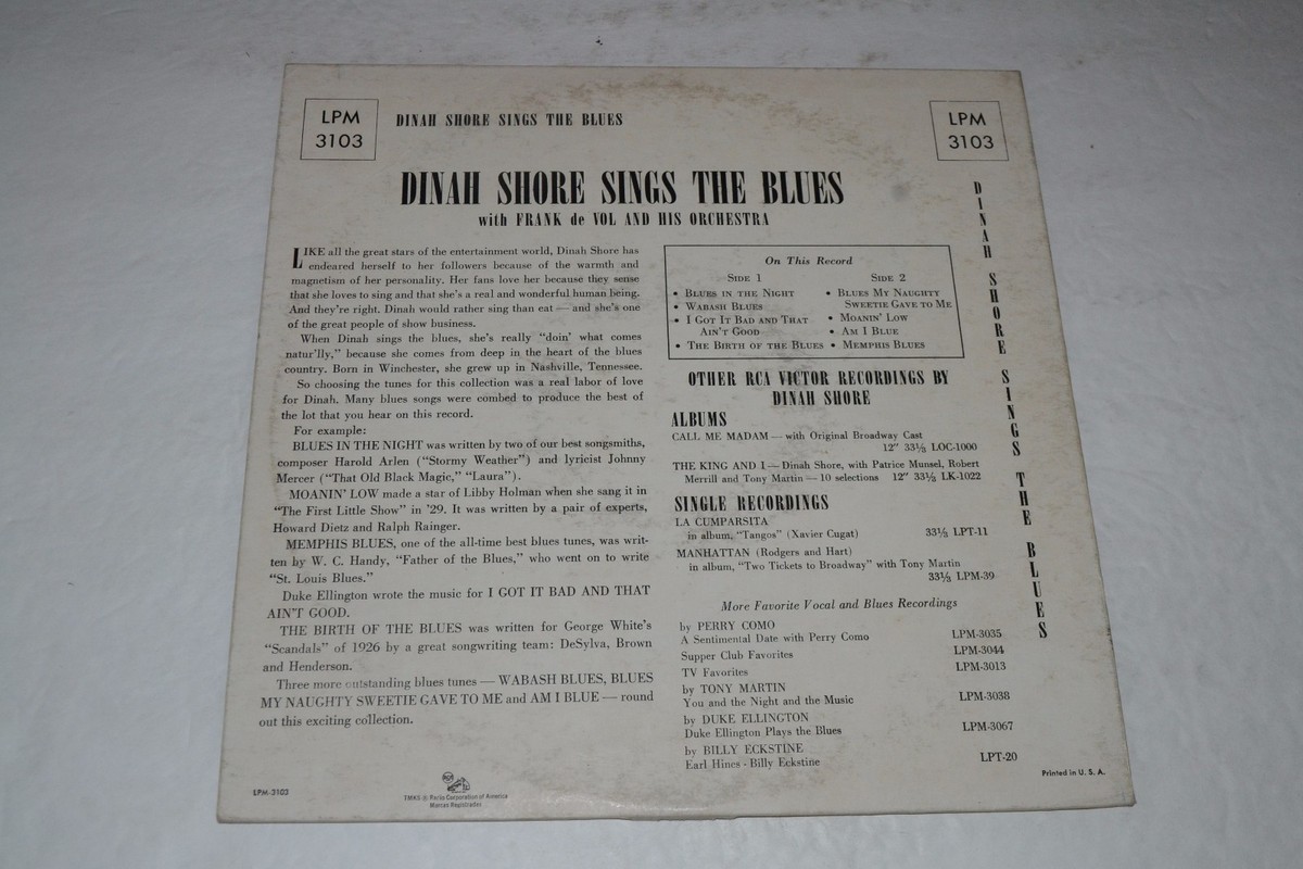 Dinah Shore Sings The Blues~Frank de Vol~RCA Victor LPM 3103