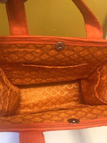 Orange & Gold Straw & Fabric Bohemian Small Tote Bag Lined Pockets 8"W x 8 "H - Picture 3 of 4