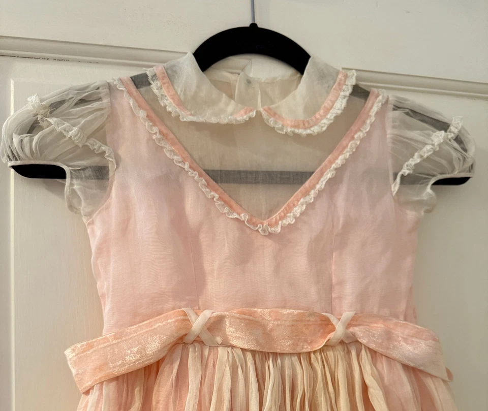 Vestido de fiesta vintage de cuento de hadas de organza de seda rosa de los años 50 para niña ZZ357 Foto 2 de 4