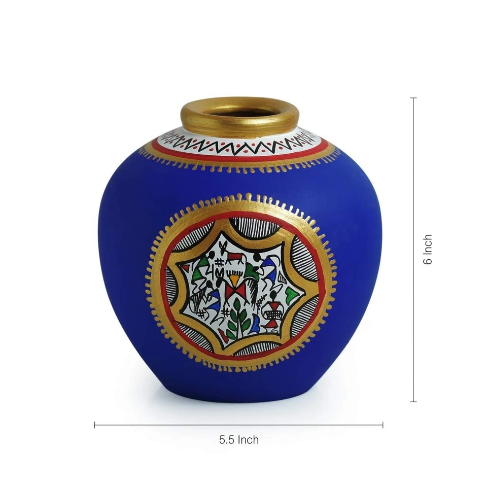 Jarrón de terracota floral en forma de Matki decorativo pintado a mano Warli de loza Foto 4 de 4