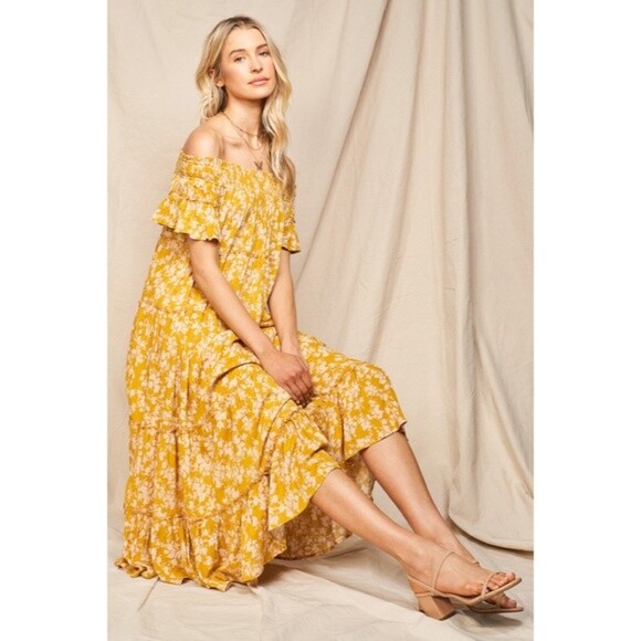 Moss Yellow Floral Flowly Bohemian Tiered Off The Shoulder Casual Maxi Dress  | eBay