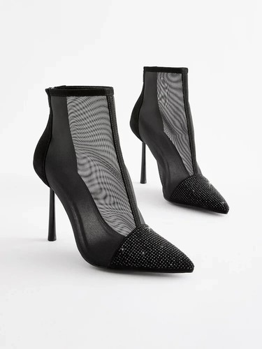 Next Black Sequin Mesh High Heel Ankle Cage Boots Size 4 37 Evening Party Prom - Picture 2 of 6
