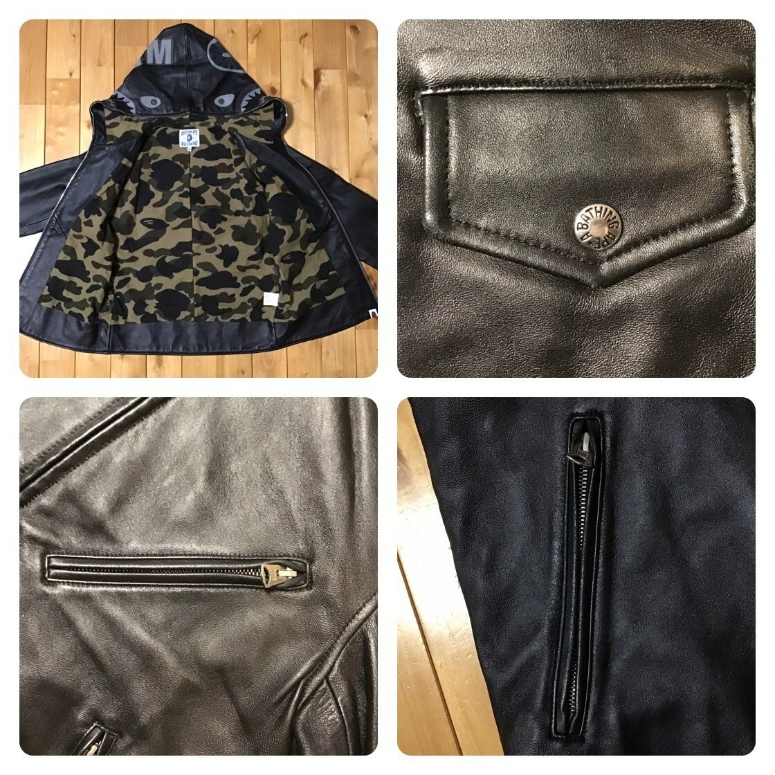 BAPE sheepskin leather shark full zip hoodie biker jacket A