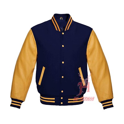 Varsity Jacke Navy Wolle Gold Leder Unisex Gothic Bomber College Custom