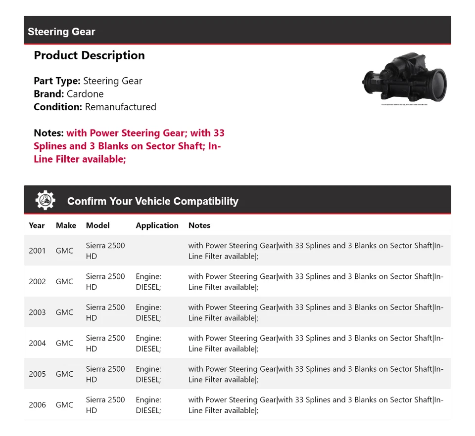 Для 2001-2006 GMC Sierra 2500 HD рулевое управление Cardone 2002 2003 2004 2005 - Изображение 2 из 4