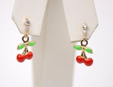 14K Solid Yellow Gold Cherry Enamel CZ Dangle Earrings