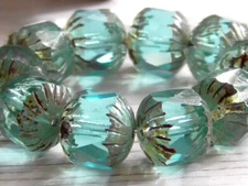 5 - 10x10mm CZECH TRANSPARENT AQUA BLUE PICASSO FACETED BARREL CRULLER BEADS