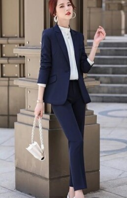 Elegante Tailleur completo donna blu scuro giacca manica lunga pantaloni  w9039 | eBay