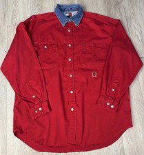 Tommy Hilfiger Vintage 90s Y2K Mens Red w/ Denim Collar Button Down Shirt Large