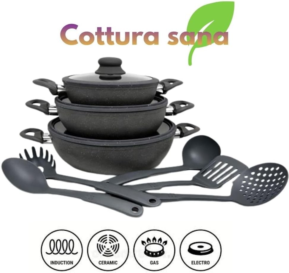 Cecaro Group - Set Batteria di Tegami in Pietra 11 Pezzi - Antiaderenti