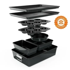 Nutrichef 8 Pc NCBKSTK3 Black Stackable Carbon Steel Bakeware Set~~ NEW!