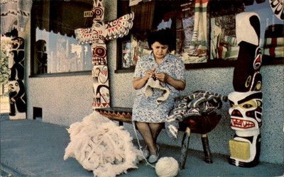 Duncan British Columbia BC Cowichan Indian Woman Knitting Totem Poles c1960s PC