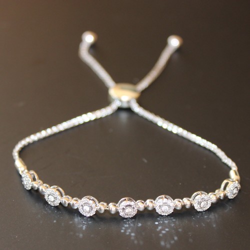 White Gold Real Natural Fiery Diamond Cluster Bolo Bracelet Adjustable 7.50G